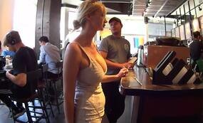 Busty woman at restaurant